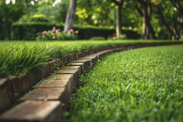 Low angle perspective of lush green lawn with wooden edging