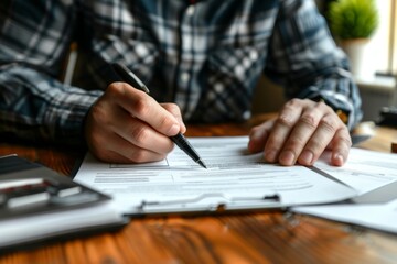 Cropped view of a man filling out form at desk