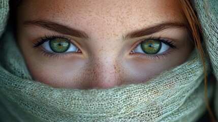 Poster - A woman gazes intensely with striking green eyes, her face partially covered by a delicate scarf, creating an aura of mystery and calm in soft lighting