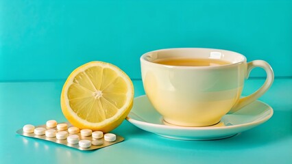 cup of tea with lemon. a home remedy approach to health care or illness prevention by combining natural vitamin C intake from lemons with medication