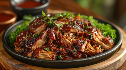 Wall Mural - Showcase the smoky aroma and tender texture of a plate of barbecue pulled pork, featuring tender shredded pork in a