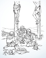 Wall Mural - Vector drawing. Soldiers at the cross.