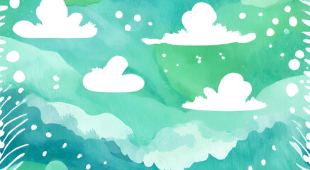 Wall Mural - Abstract Watercolor Painting With Clouds and Green Background