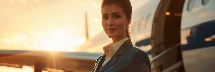 Aufkleber - A flight attendant poses in front of an aircraft as the sun sets, showcasing professionalism and dedication to her role in the airline industry. Generative AI
