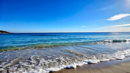 Wall Mural - A tranquil beach scene with gentle waves and a clear blue sky