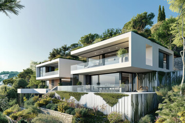 3D rendering of two modern townhouses on a slope with coniferous trees, in white and gray colors