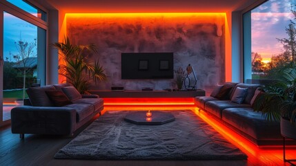 Poster - Transform your living room into a trendy space with a velvet sofa, a wall-mounted 4K TV, and LED strips installed