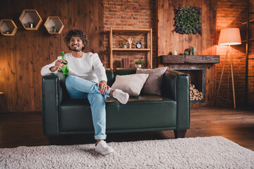 Sticker - Photo of funky cool guy dressed white pullover smiling relaxing home watch tv enjoying beer indoors house apartment room