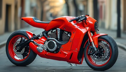 A red motorcycle parked on the street, with a stylish appearance and a unique body design.