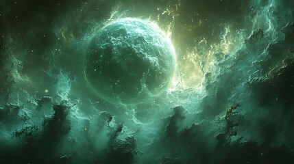 Wall Mural - A vibrant, glowing green nebula swirls around a mysterious, orb-shaped celestial body in space.