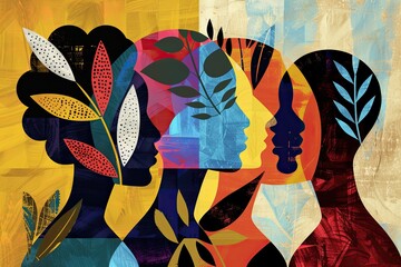 An abstract design featuring the silhouettes of three people, with one person's face filled in with colorful leaves and plants Generative AI