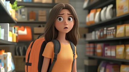 Wall Mural - 3D Cartoon Young Brunette Woman at Small Business Holding Backpack with Clueless and Confused Expression Doubt Concept