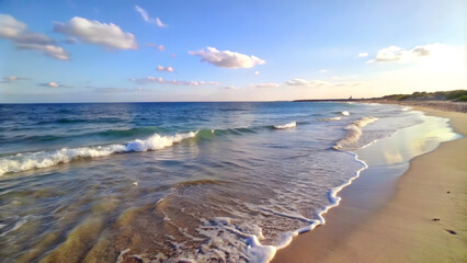 Wall Mural - A tranquil beach scene with gentle waves and a clear blue sky