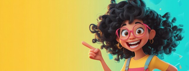 Wall Mural - A cartoon girl with curly hair happily points with a gesture on a colorful studio background