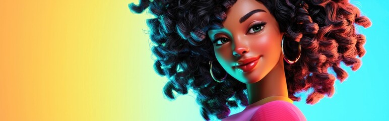 Wall Mural - A cheerful avatar with curly hair showcases her fabulous new hairstyle in a colorful and vibrant 3D fashion scene set against a blank background perfect for your creative touches