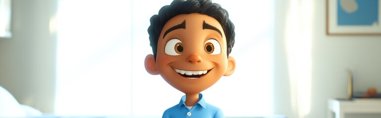 Poster - A joyful cartoon character with a big smile standing in front of a bright white backdrop dressed in a blue shirt and gazing at the viewer