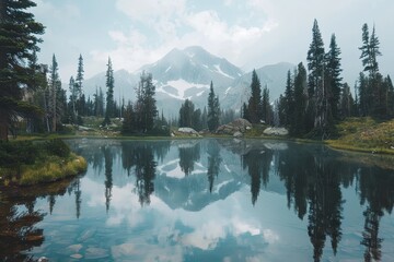 Sticker - Serene Mountain Lake Amidst Majestic Pines