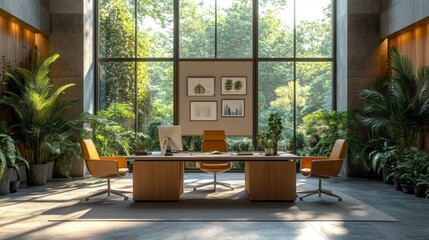 Aufkleber - Bright sunlight streams through tall windows illuminating a contemporary workspace filled with greenery, fostering a calm and creative atmosphere for focused work