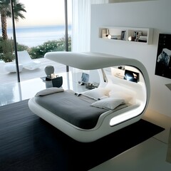 Wall Mural - Modern Futuristic Bed Design with Ocean View