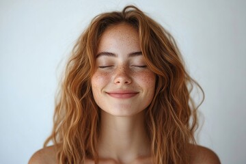 Beautiful caucasian woman dreamy smiling with eyes closed, standing relaxed and happy against white background, Generative AI