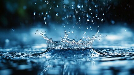 Poster - Droplets cascade down, striking the water's surface, sending shimmering splashes into the air beneath dim blue lighting, evoking a sense of calm and peace