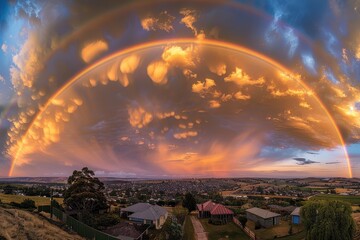 Sticker - Panoramic Double Rainbow Over Rural Town