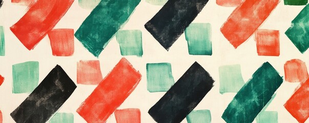 Wall Mural - Abstract geometric pattern with red, green, and black brushstrokes on white background