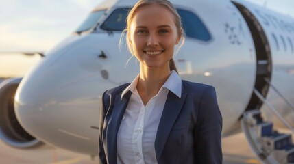 Aufkleber - A professional flight attendant stands in a stylish uniform, smiling warmly against the backdrop of an aircraft at sunset. Generative AI