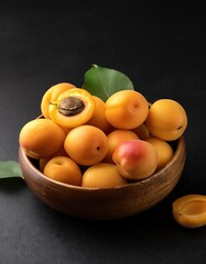 Sticker - Apricot in a bowl on a black background, top view, copy space