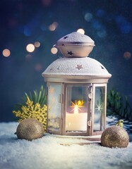 Wall Mural - Lantern With christmas Ornaments On Snow 