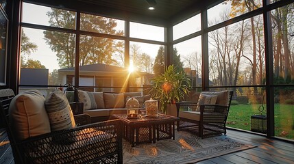 Sunlit Porch with Wicker Furniture and a View of the Woods