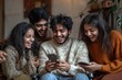 © Kishan - Diverse group of young friends laughing using mobile phone together at home. Inclusion concept with young indian man in wheelchair having fun with friends watching social media content, Generative AI