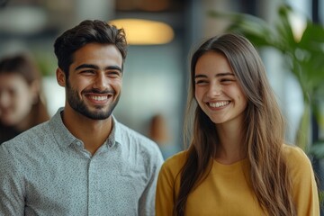 Wall Mural - Authentic portrait of young university students laughing, communication indoors. Happy Indian man and caucasian woman standing together in modern office. Workers having a, Generative AI