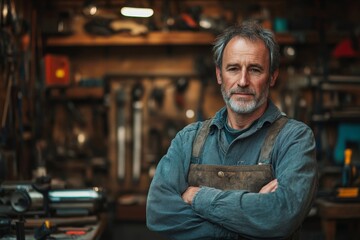 All the toys a man could ask for. Portrait of a man standing in his workshop, Generative AI