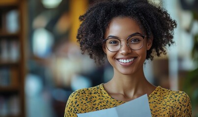 Ð¡heerful woman holding a paper and smiling broadly, Generative AI