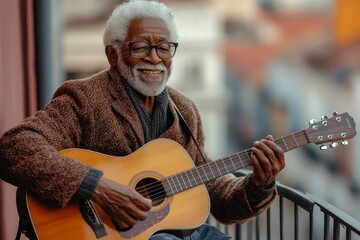 His daily ritual of playing guitar. Shot of a peaceful senior man sitting on his balcony while playing acoustic guitar with the city in the, Generative AI