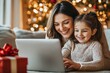 © Kishan - Holiday shopping online.Family make purchases in the Internet on Black Friday. Happy mother and child girl are enjoying buying gifts with laptop in cozy living room at home. Kid and woman,GenerativeAI