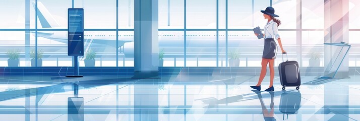 Aufkleber - A flight attendant with a suitcase strolls through the airport terminal, checking her device and enjoying the view of planes outside the large windows. Generative AI