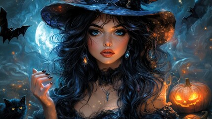 Beautiful witch with glowing pumpkin on Halloween night

