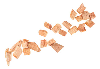 Chips for smoking meat and fish isolated on a white background, top view. Mixed wooden chips.