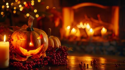 Smiling jack-o-lantern with glowing candlestick, surrounded by candles, and warm fireplace 