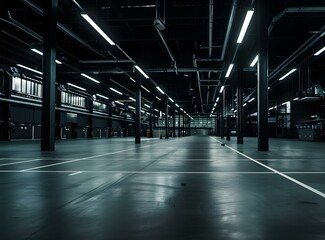 Poster - Empty Large Industrial Building Interior With Black Walls and White Lines