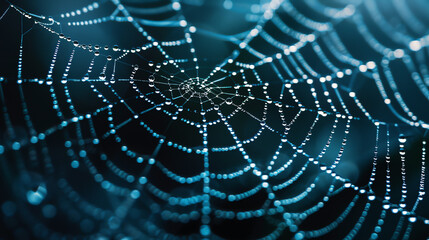 A spiderweb covered in dew drops, in the sunlight.

