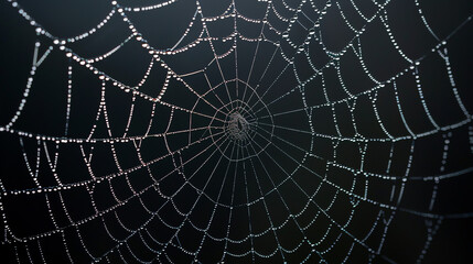 A spiderweb covered in dew drops, in the sunlight.

