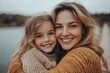 © Yash - Group portrait of happy white Caucasian mother and daughter child having fun outside. Mom and child girl playing, hugging in park on pier by water lake. Candid authentic real, Generative AI