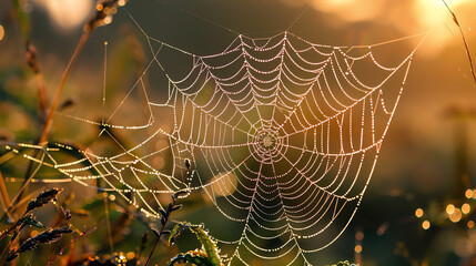 A spiderweb covered in dew drops, in the sunlight.

