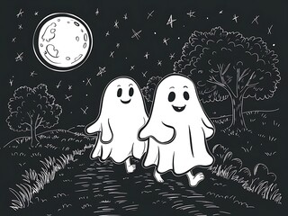 Two cartoon ghosts walking on a path at night under a full moon.