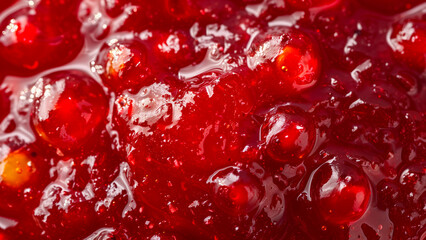 Close-up of red berry jam or preserve with a glossy texture, perfect for food and dessert themes.