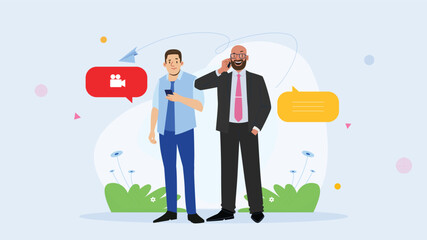 Wall Mural - Illustration of two businessmen communicating via mobile devices, one on a video call and the other in a voice call, representing modern communication, remote work, and business connectivity.

