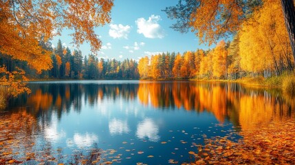 Poster - Golden leaves dance on the surface of a calm lake, mirroring the stunning array of autumn colors beneath a bright blue sky